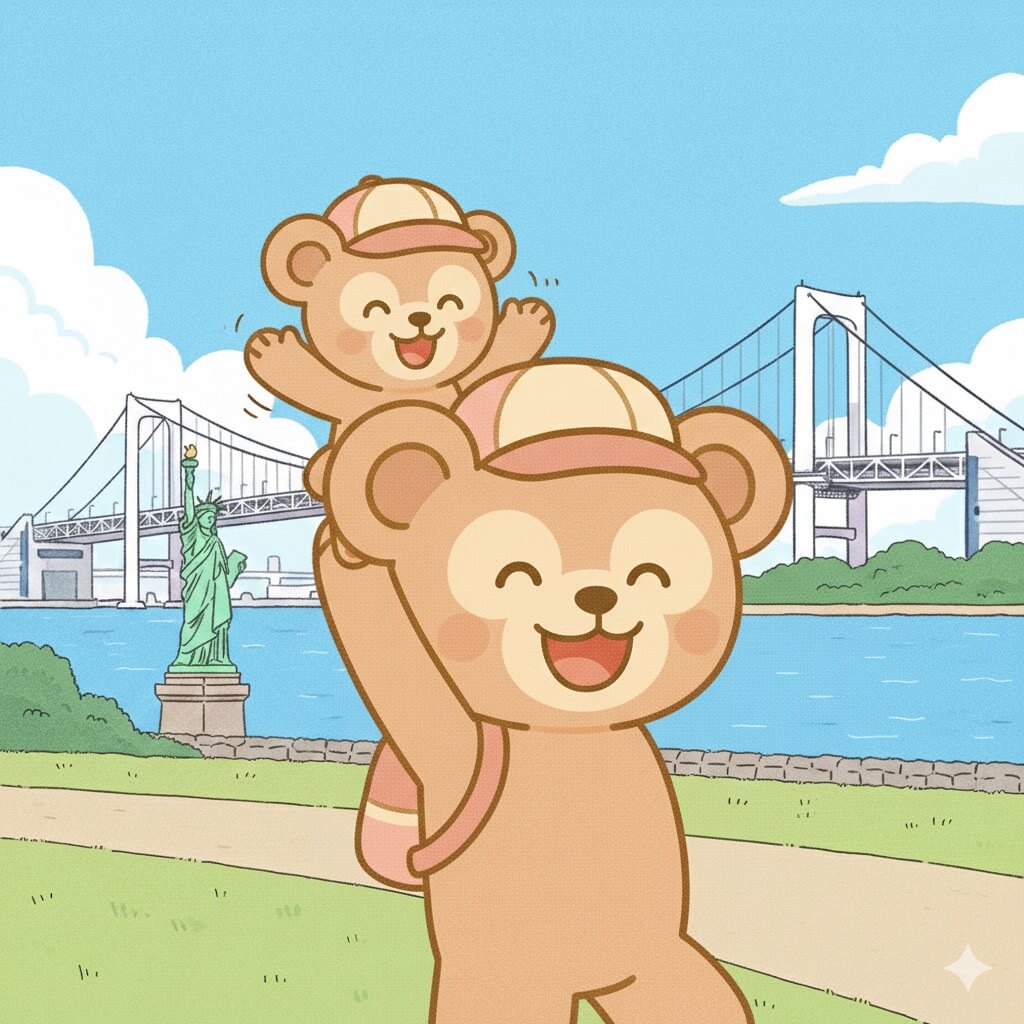 Bear family walking happily with Rainbow Bridge and Statue of Liberty in Odaiba during the Tokyo Family Itinerary