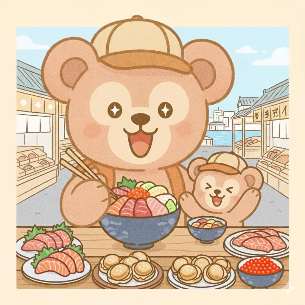 Bear family enjoying fresh kaisendon at Toyosu Market during their Tokyo Family Itinerary