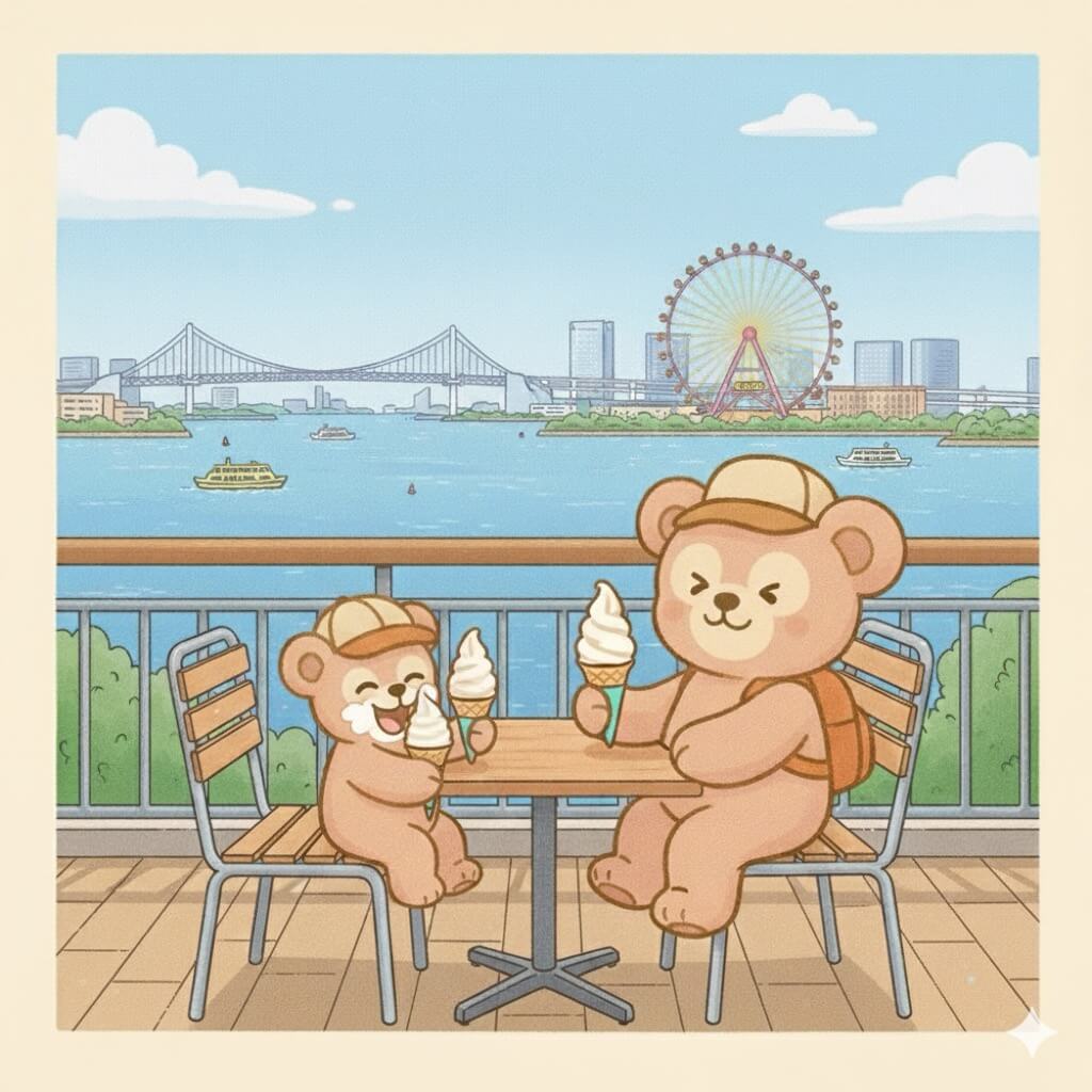 Bear family relaxing with ice cream at Seaside Café in Odaiba during the Tokyo Family Itinerary