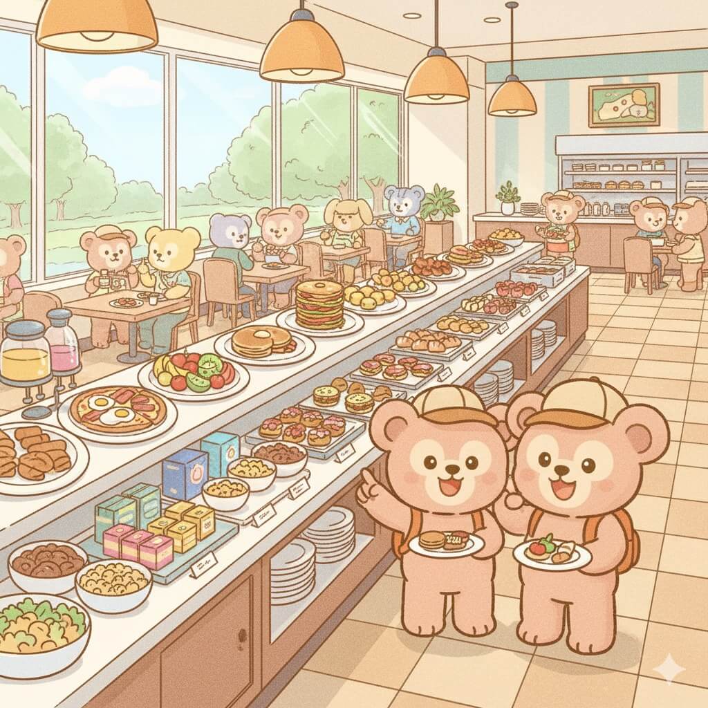 Bear family enjoying buffet dinner at Hilton Tokyo Odaiba in the Tokyo Family Itinerary