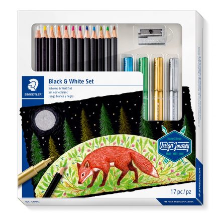 STAEDTLER Schwarz/Weiß Set, Komplett-Set mit 12 super weichen Farbstiften, 4 Metallic-Markern, 1 Metall-Spitzer und Step-by-Step Anleitungen, 17 Teiliges Set