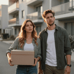 Couple cherche logement devant immeuble