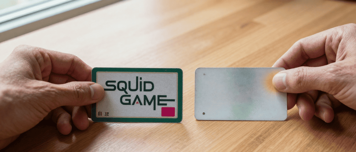 Comparaison cartes Squid Game : officelle vs contrefaçon