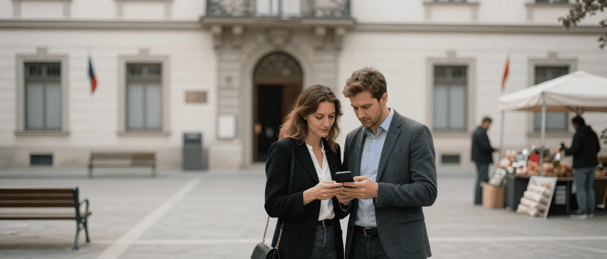 Couple regardant un smartphone devant un musée