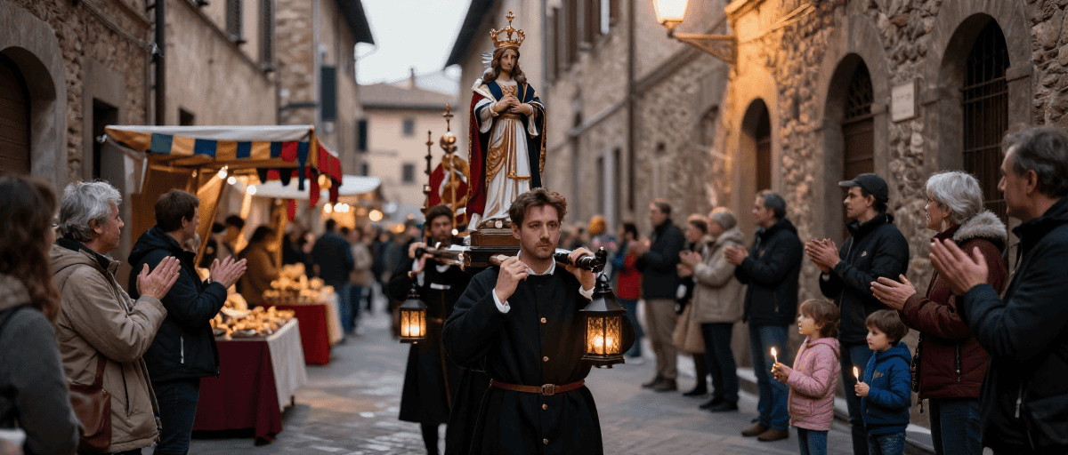 Procession religieuse dans une rue médiévale