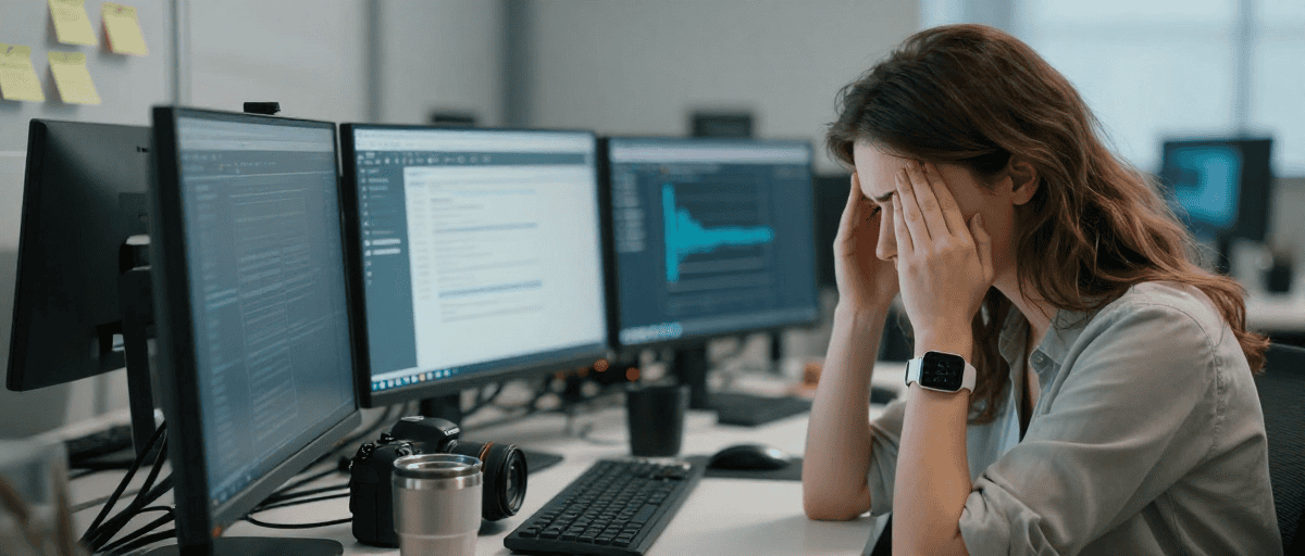 Salariée fatiguée avec écrans