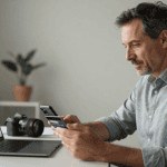 analyste financier en teletravail avec smartphone et carte