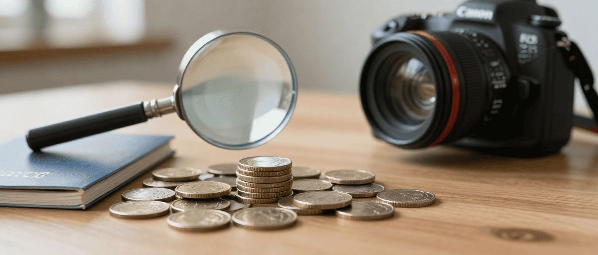 Loupe sur une pile de pièces et un livret