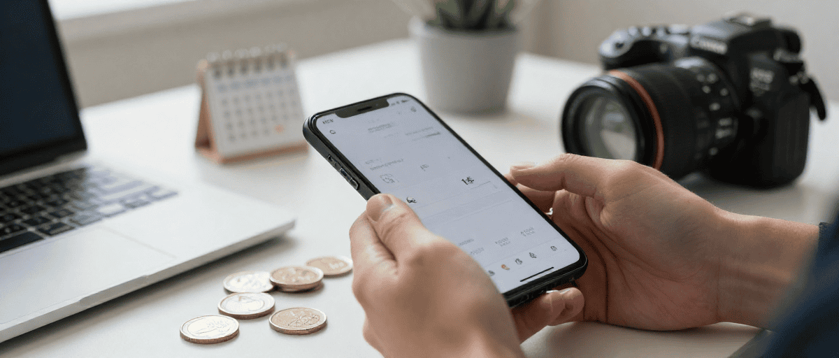 Mains tenant un smartphone affichant une interface financière