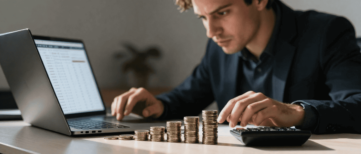 Investisseur analysant des frais avec calculatrice