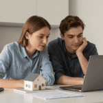 Couple regardant ordinateur apres simulation de frais