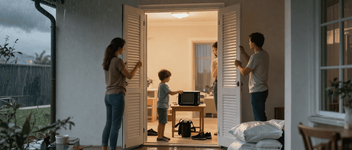 Famille se préparant à orage