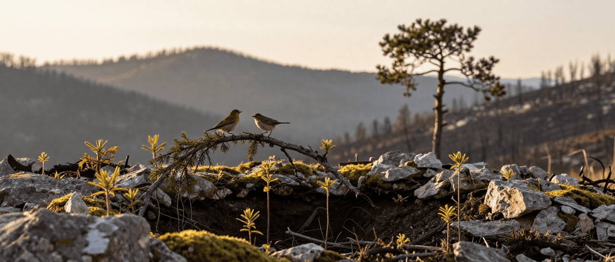 Oiseaux sur branches brûlées