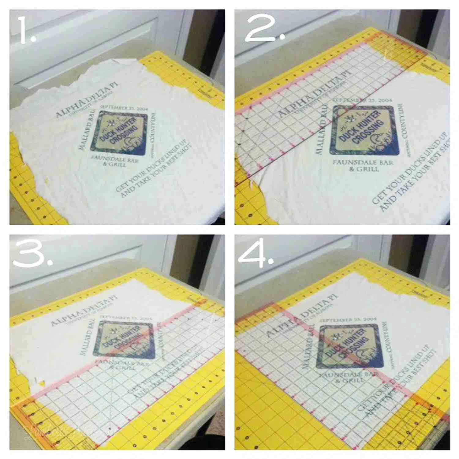 progression of cutting sides of a tshirt quilt square.