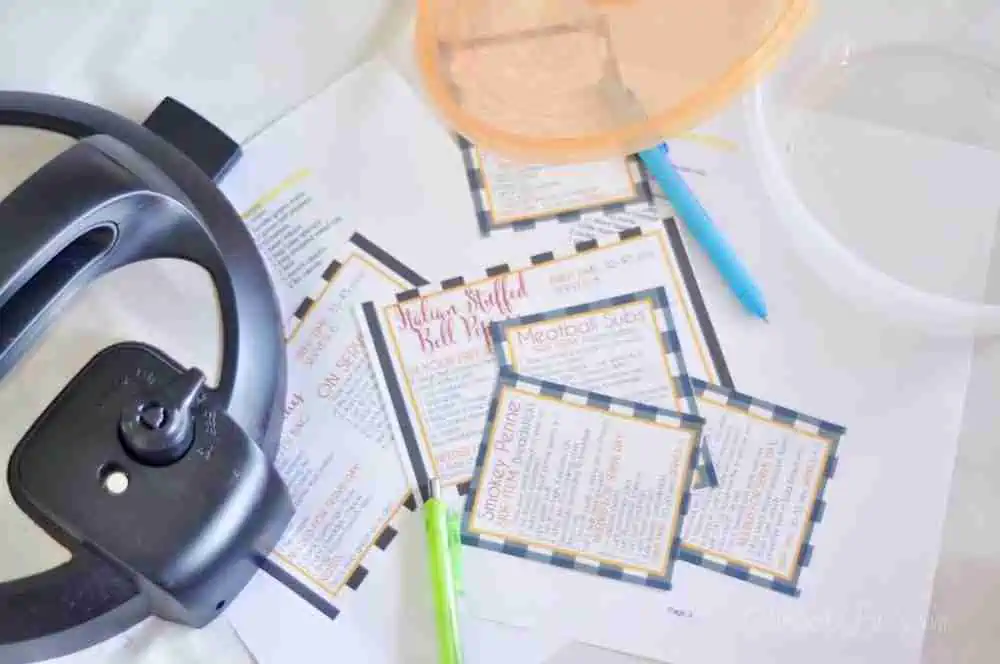 printable recipe cards and labels next to an instant pot.