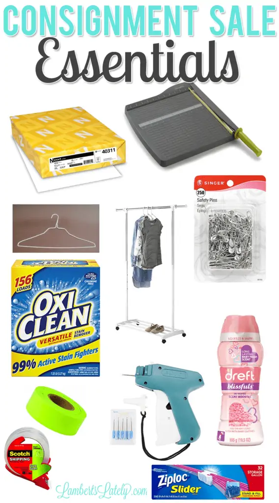 collage of consignment sale essentials.