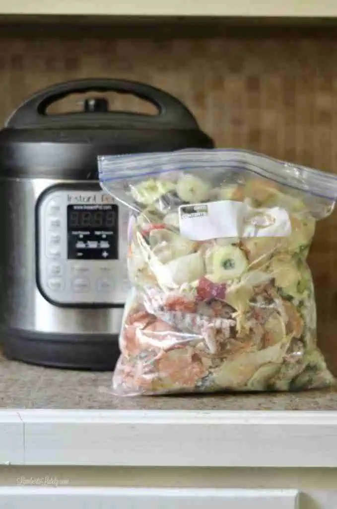 bag of frozen vegetable scraps in front of an instant pot.