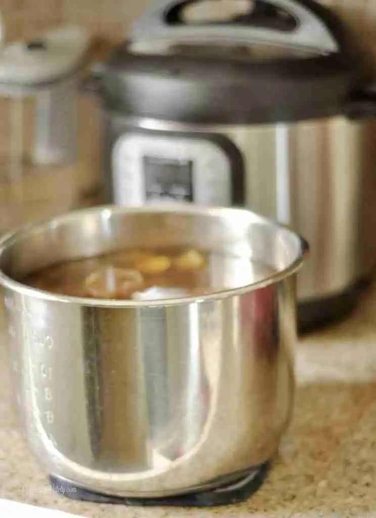 vegetable broth before straining in front of an instant pot.
