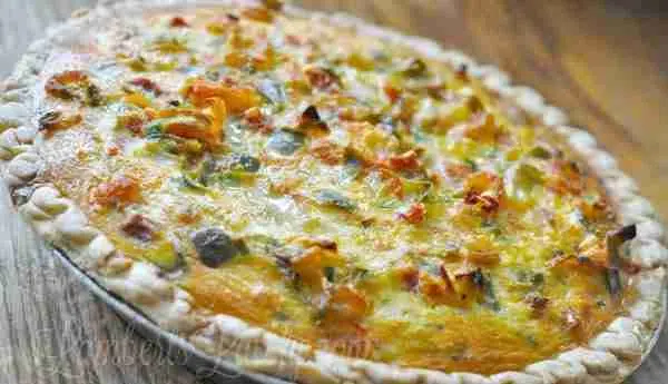 cajun crawfish quiche on a table.