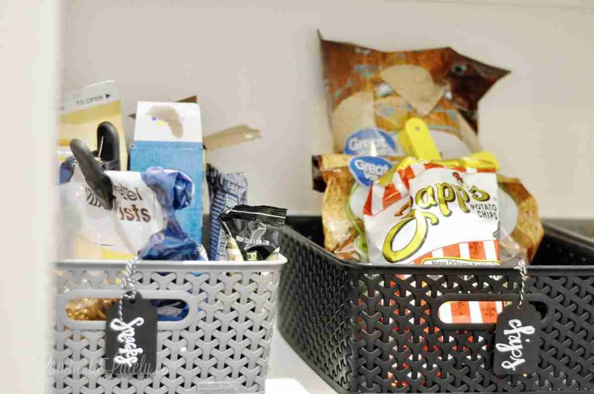 plastic bins on a shelf, holding food.
