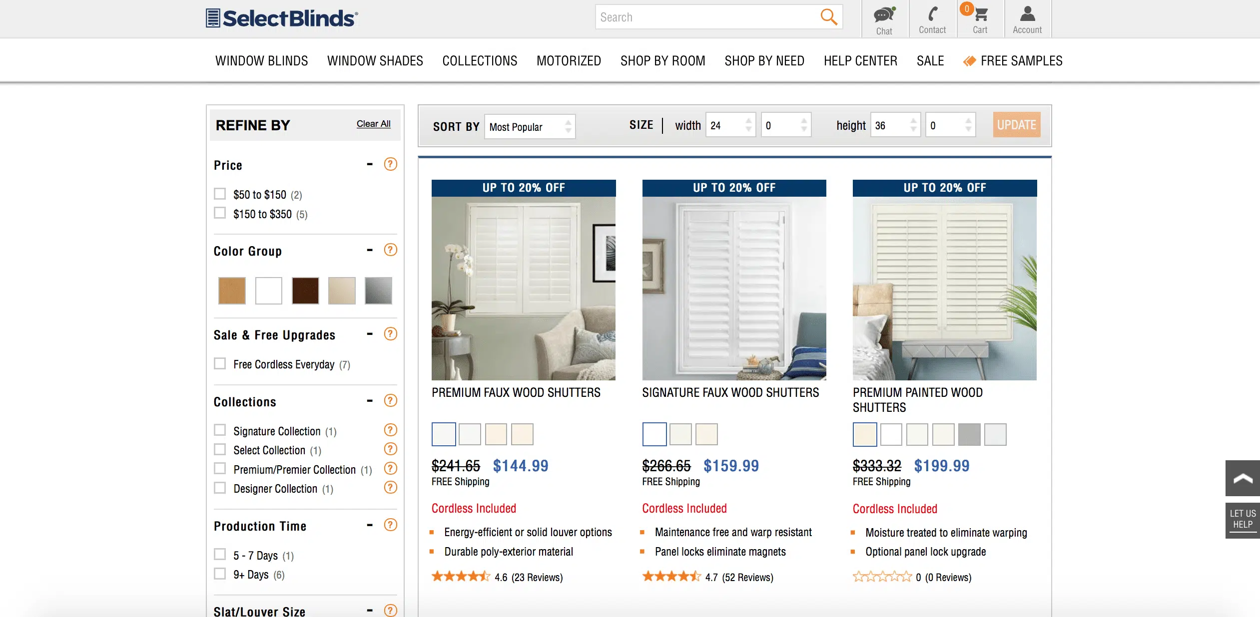 screenshot of select blinds website.