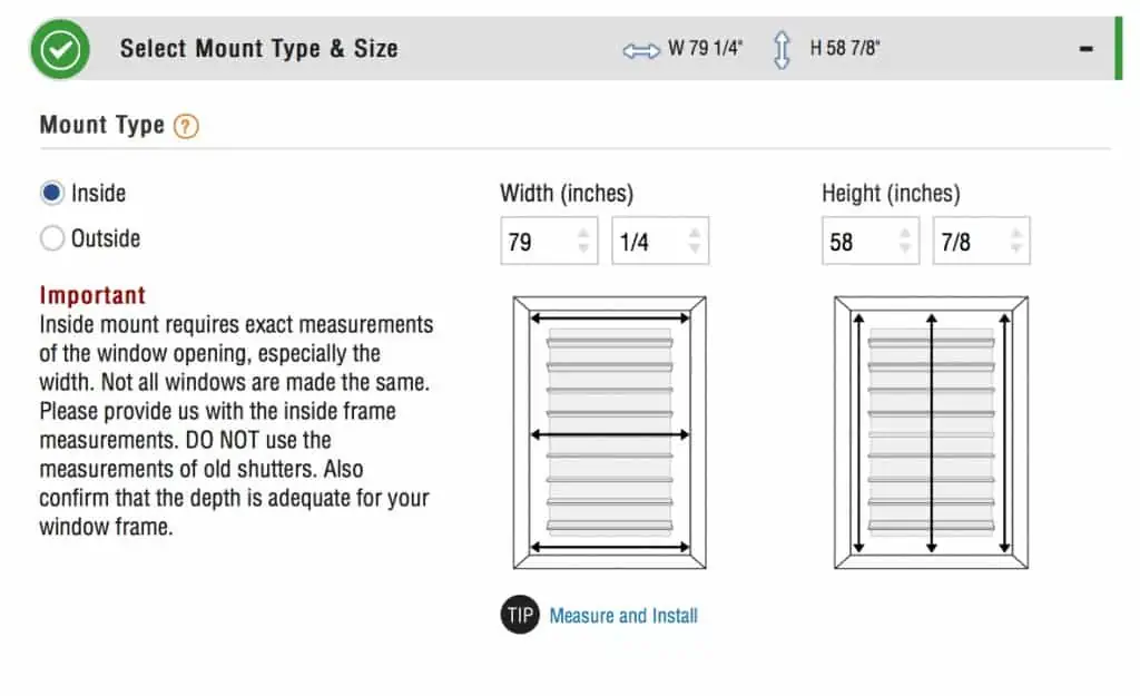 screenshot of measurement input on select blinds website.