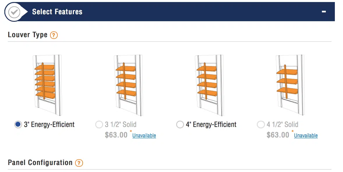 screenshot of selecting louver type for plantation shutters.