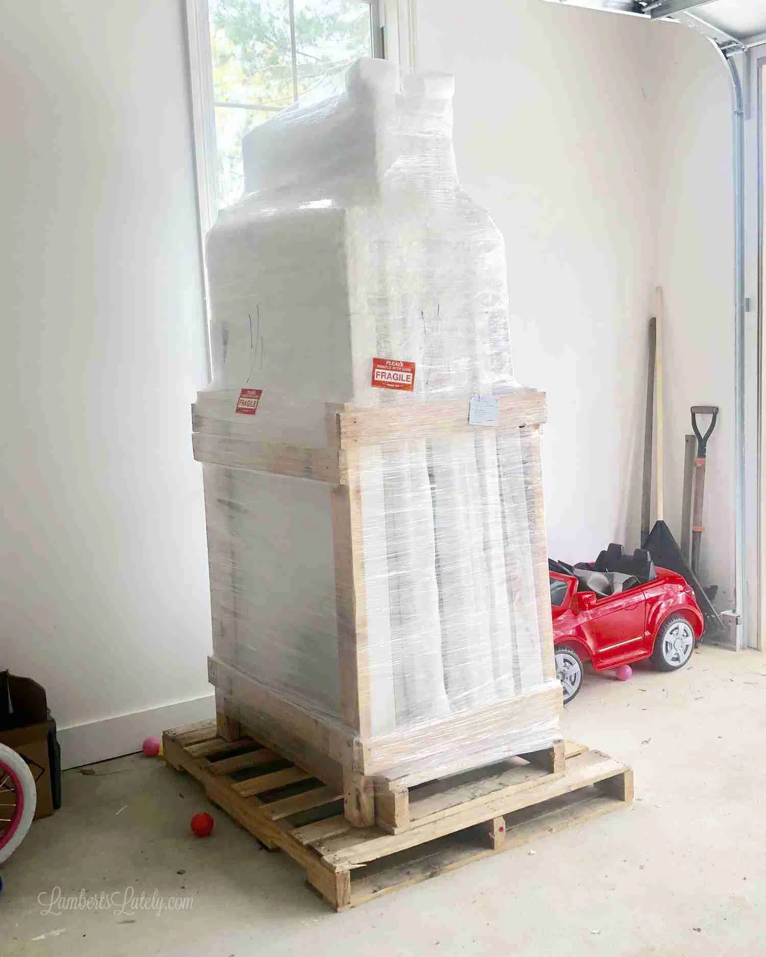 plantation shutters in shipping packaging.