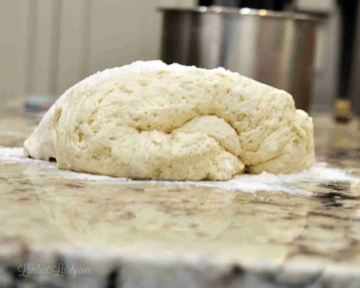 cinnamon roll dough on a floured counter.