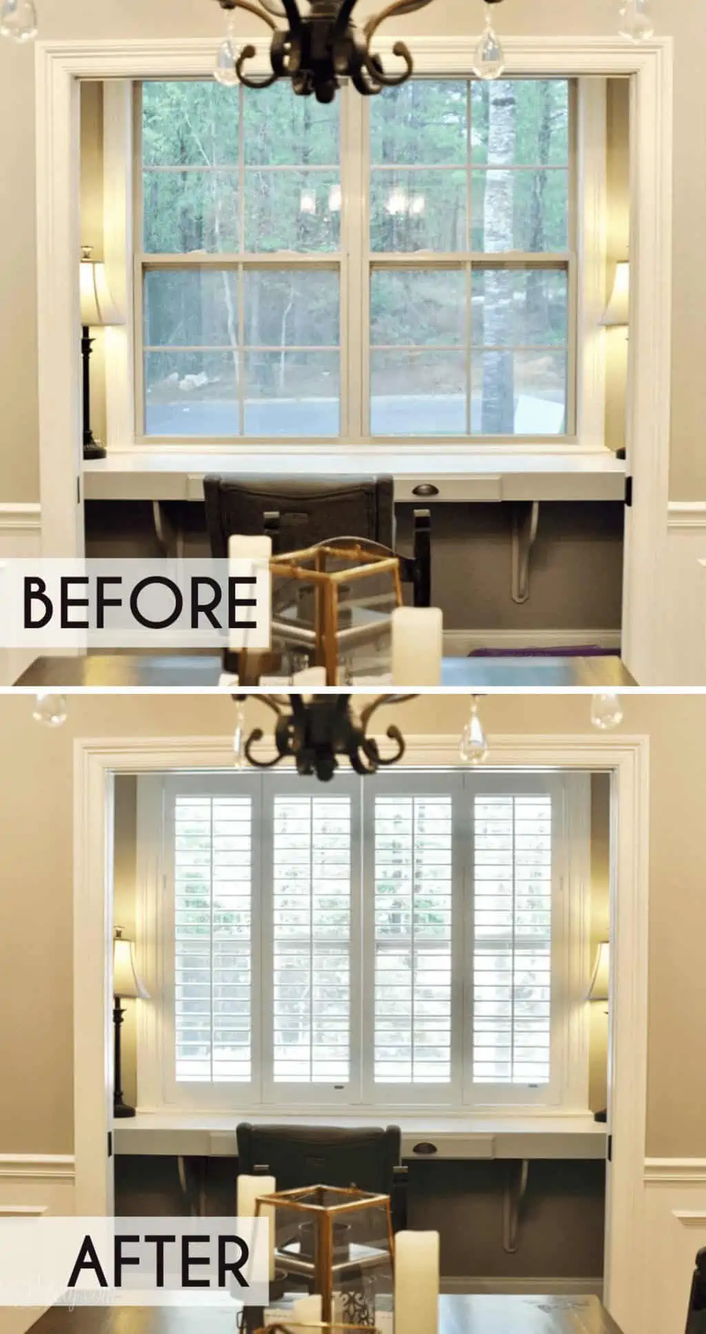 before and after of plantation shutter installation.