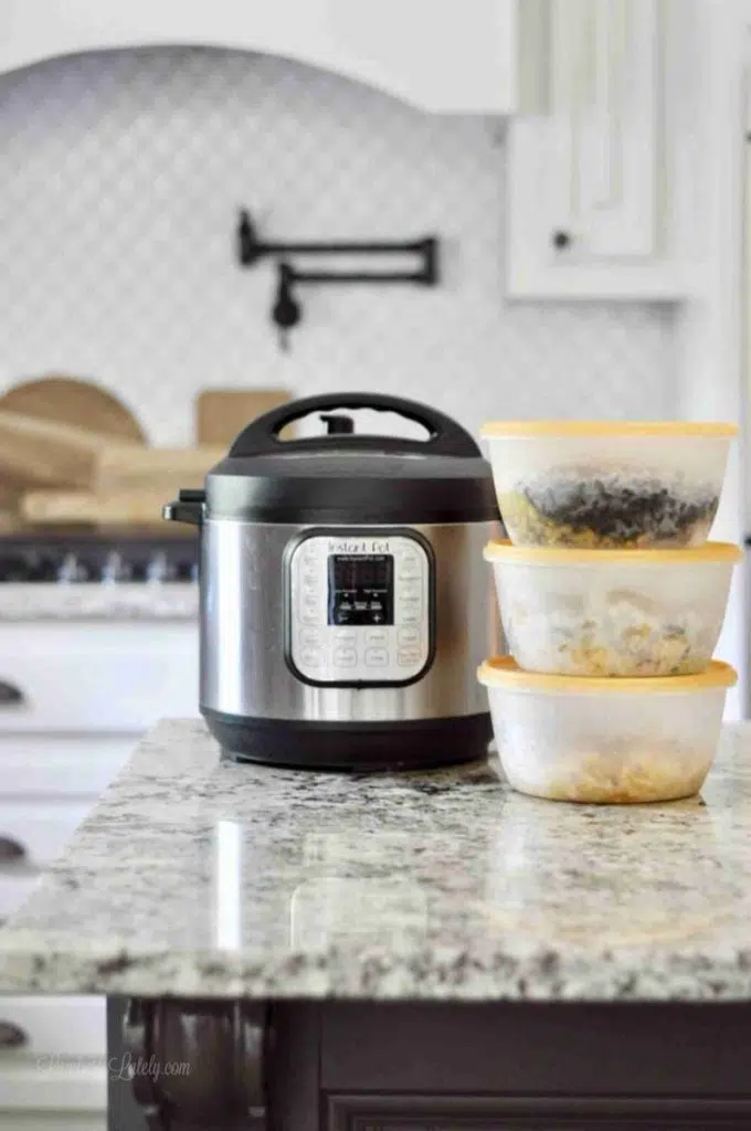 freezer meals next to an Instant Pot on a kitchen counter.