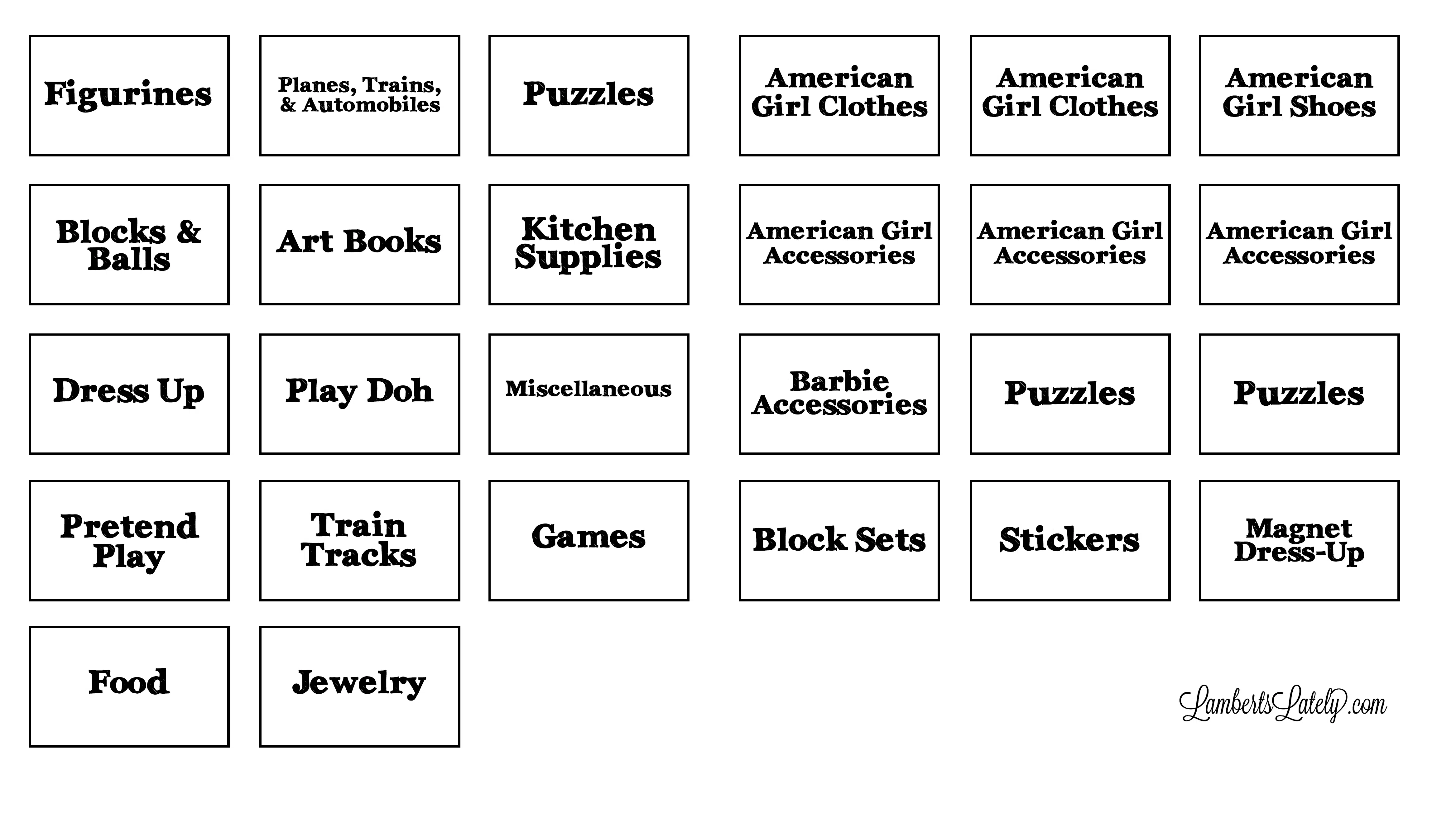 screenshot of playroom bin labels.
