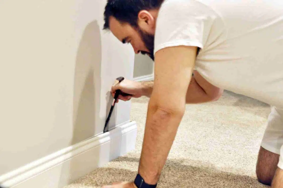 taking baseboard off of a wall.