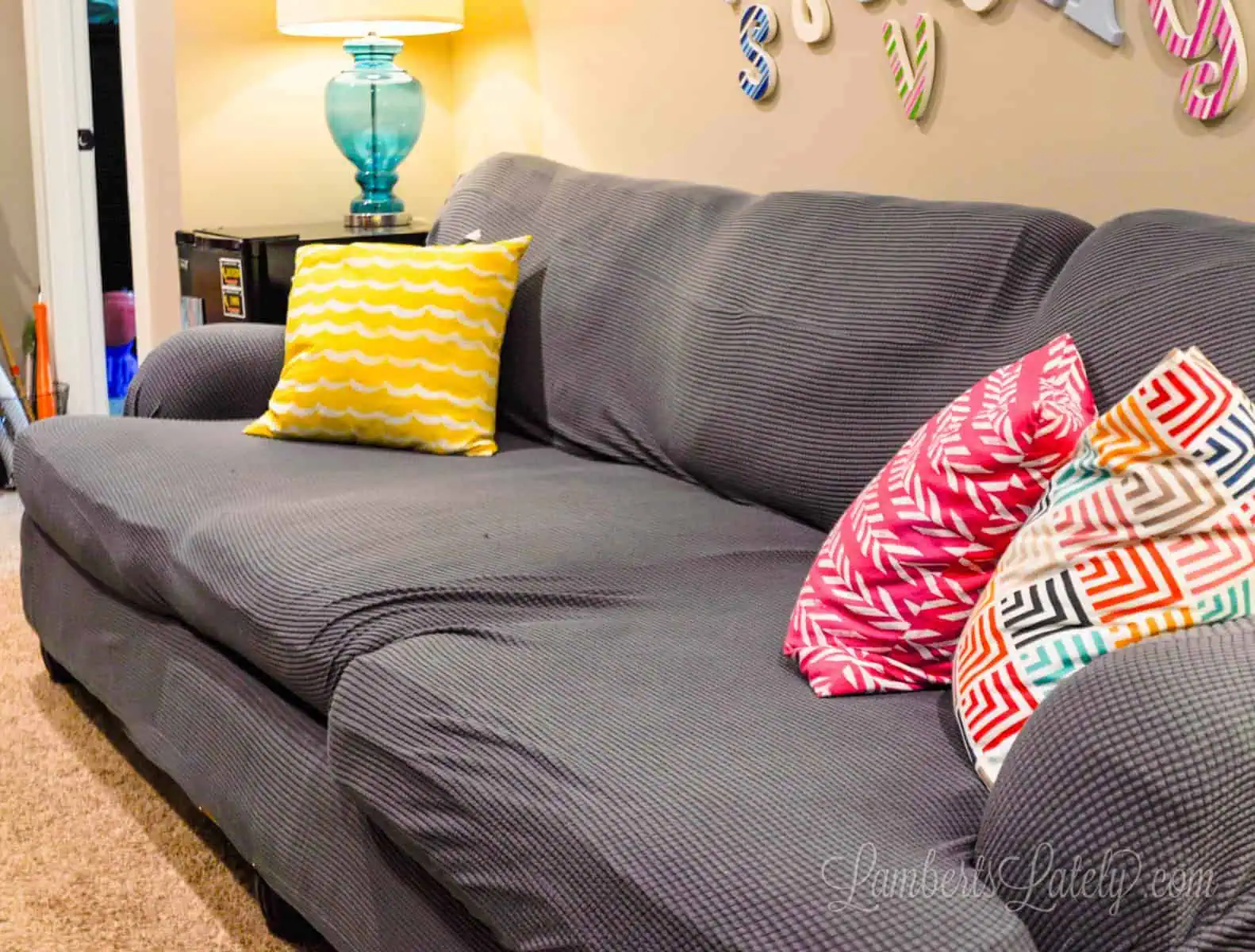 couch with colorful pillows.