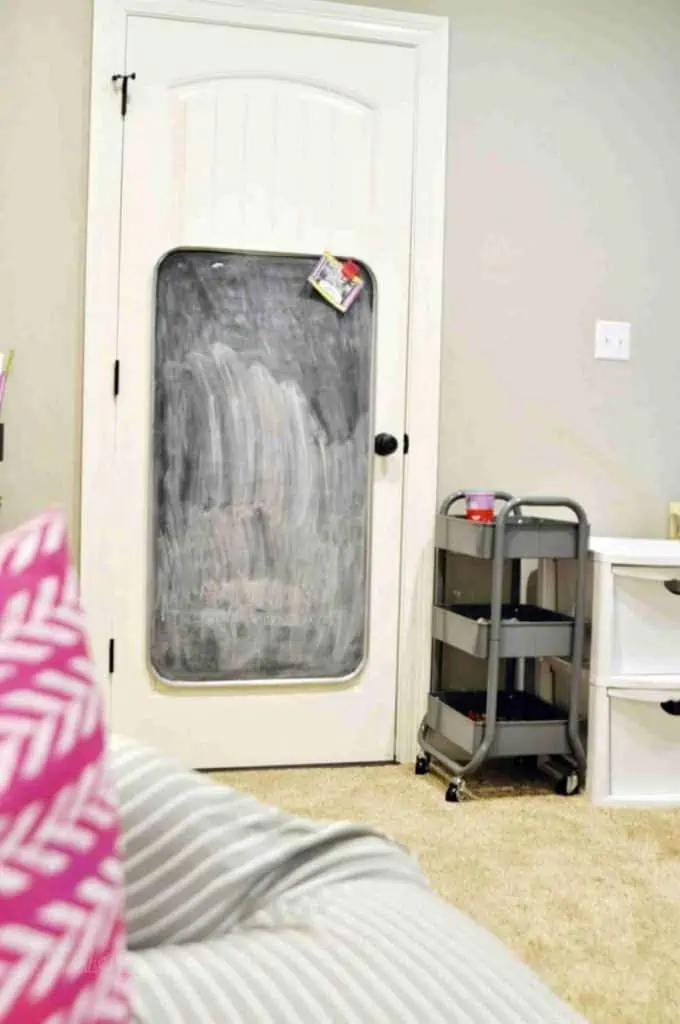 chalkboard hanging on a door.