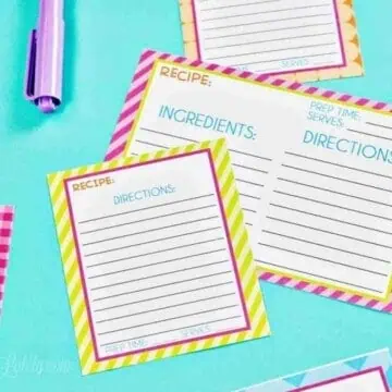 striped recipe cards on a blue background.