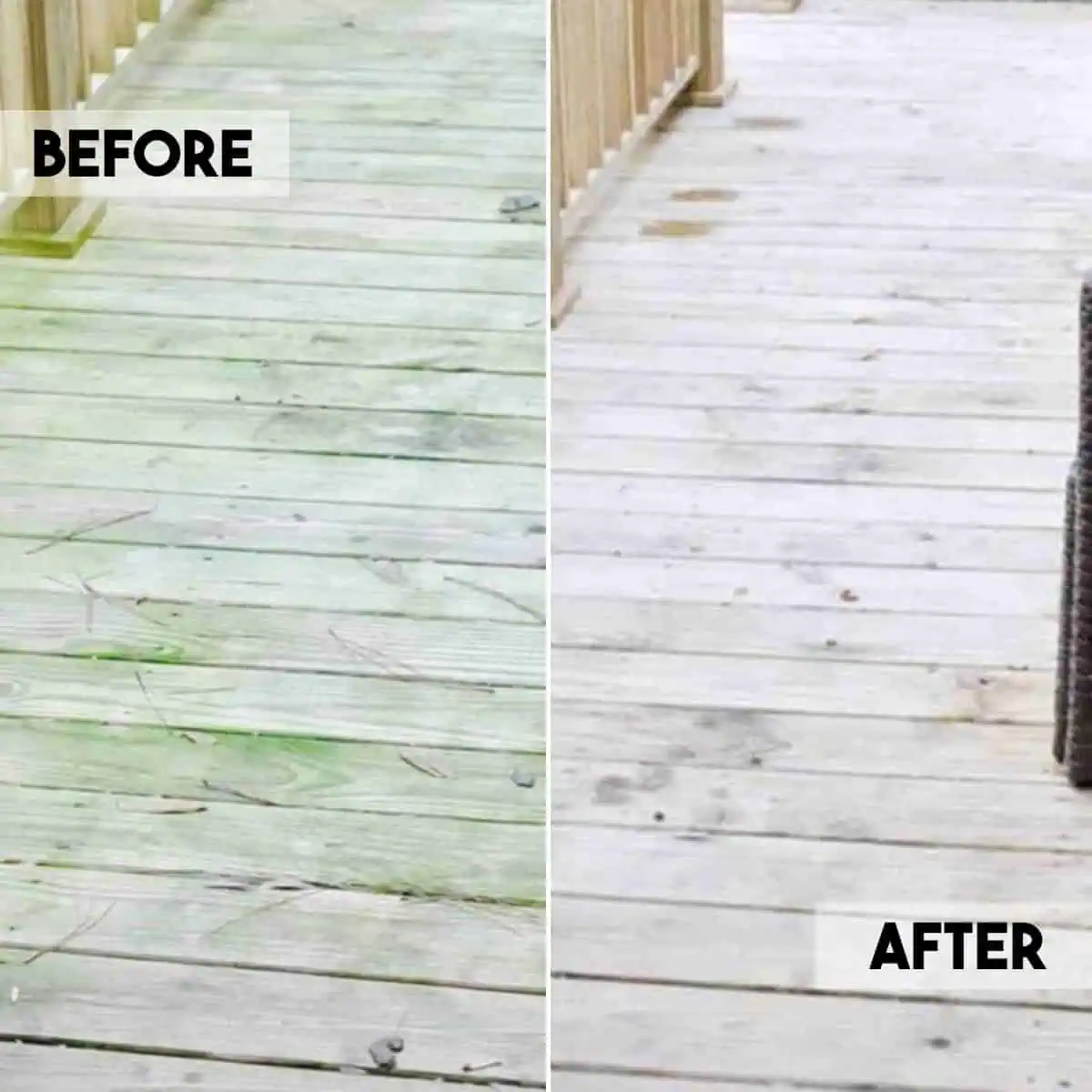 before and after of cleaning green stains on wood deck.