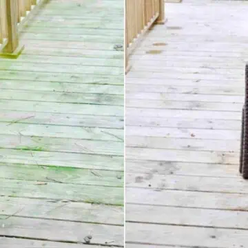 before and after of green stains on a wood deck.