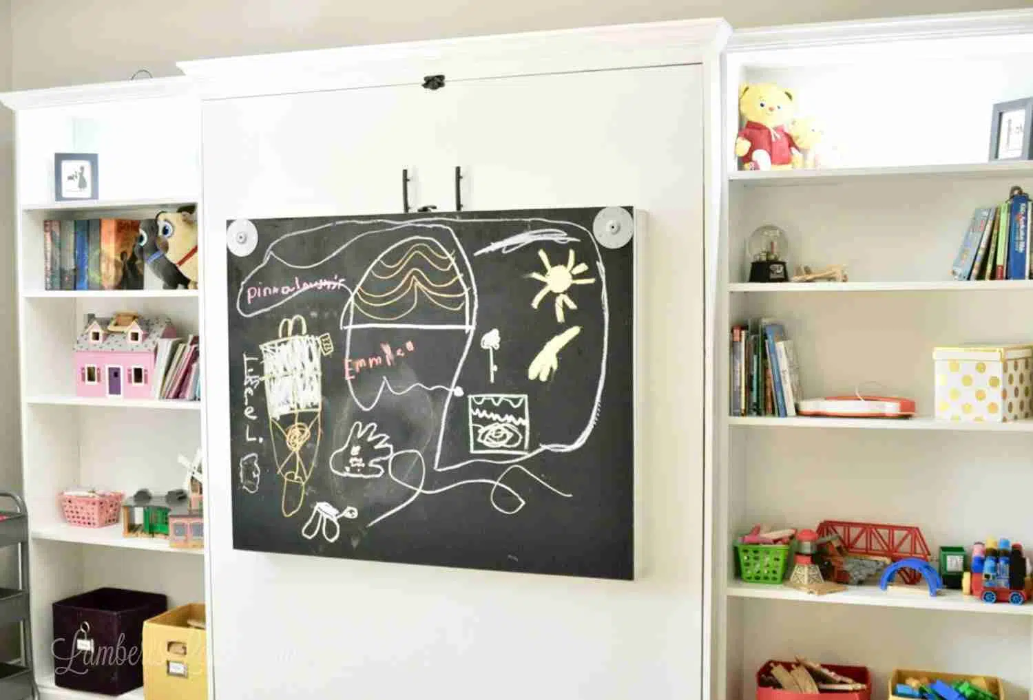 fold-out desk folded in; chalkboard on underside of desktop when folded in