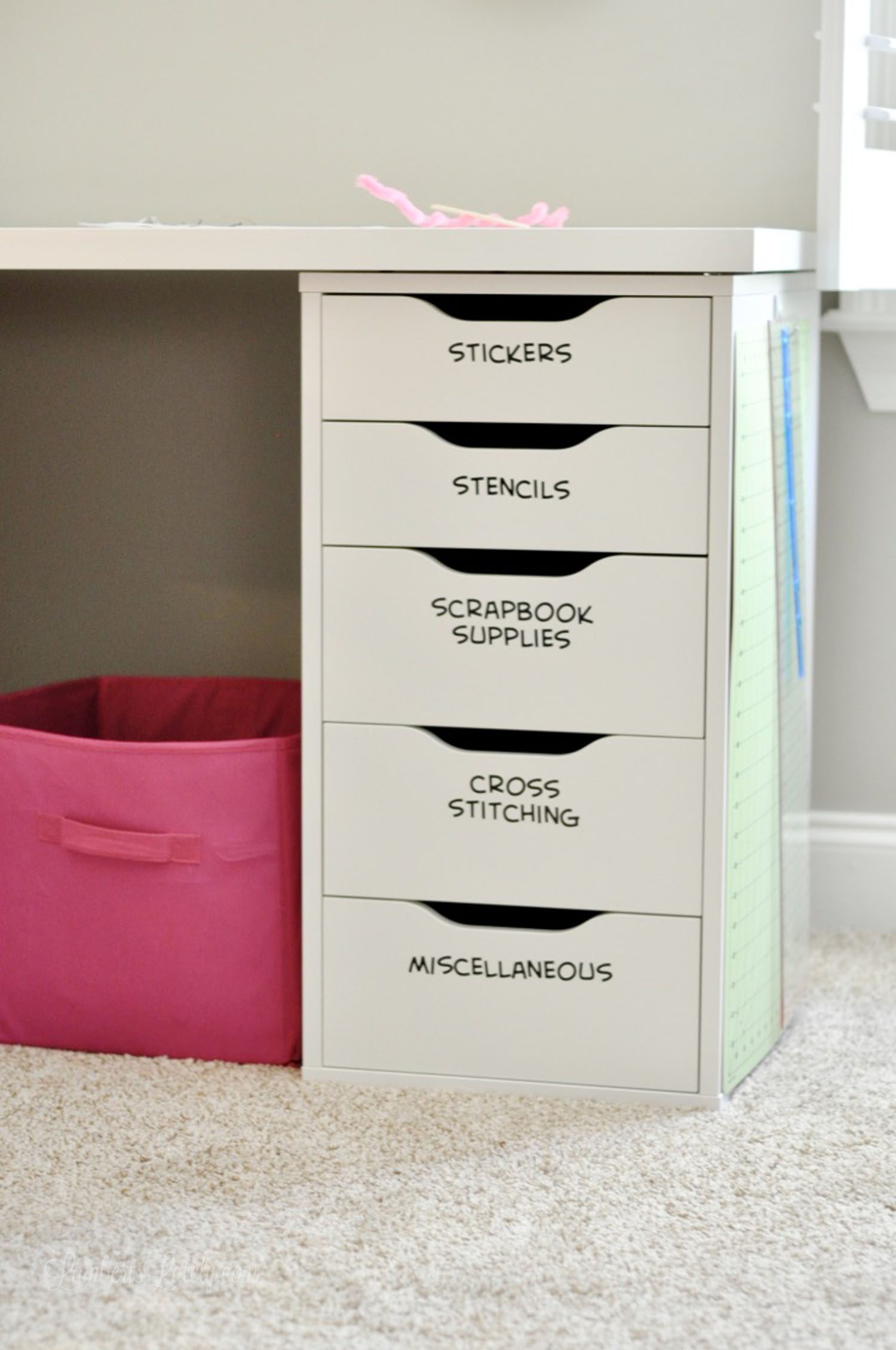 labeled drawers on Ikea desk stacking shelves