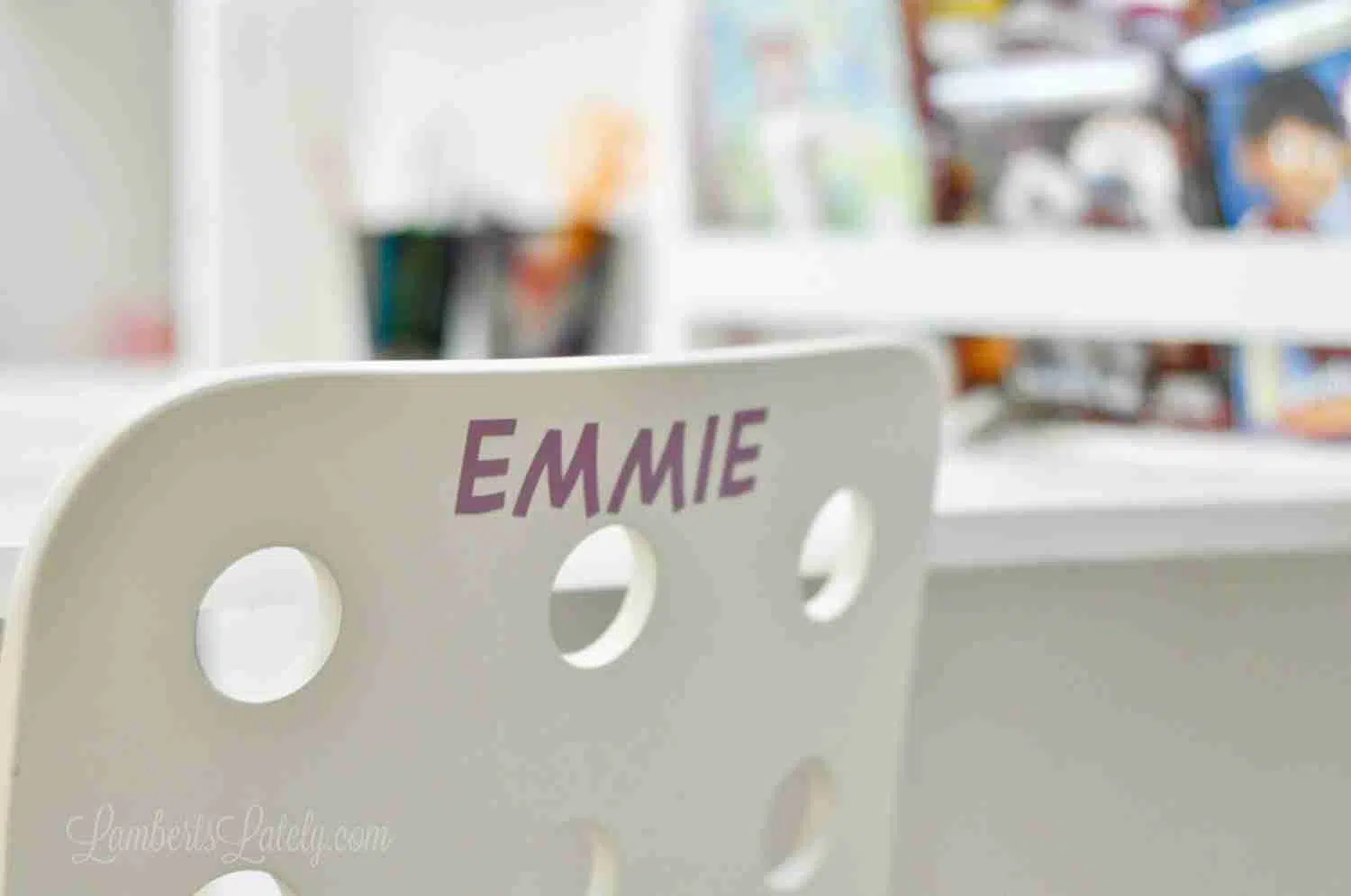 White rolling chair with Emmie printed on the back