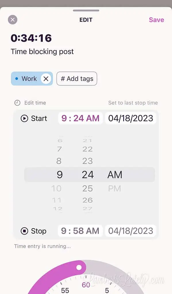 screenshot of toggl app.