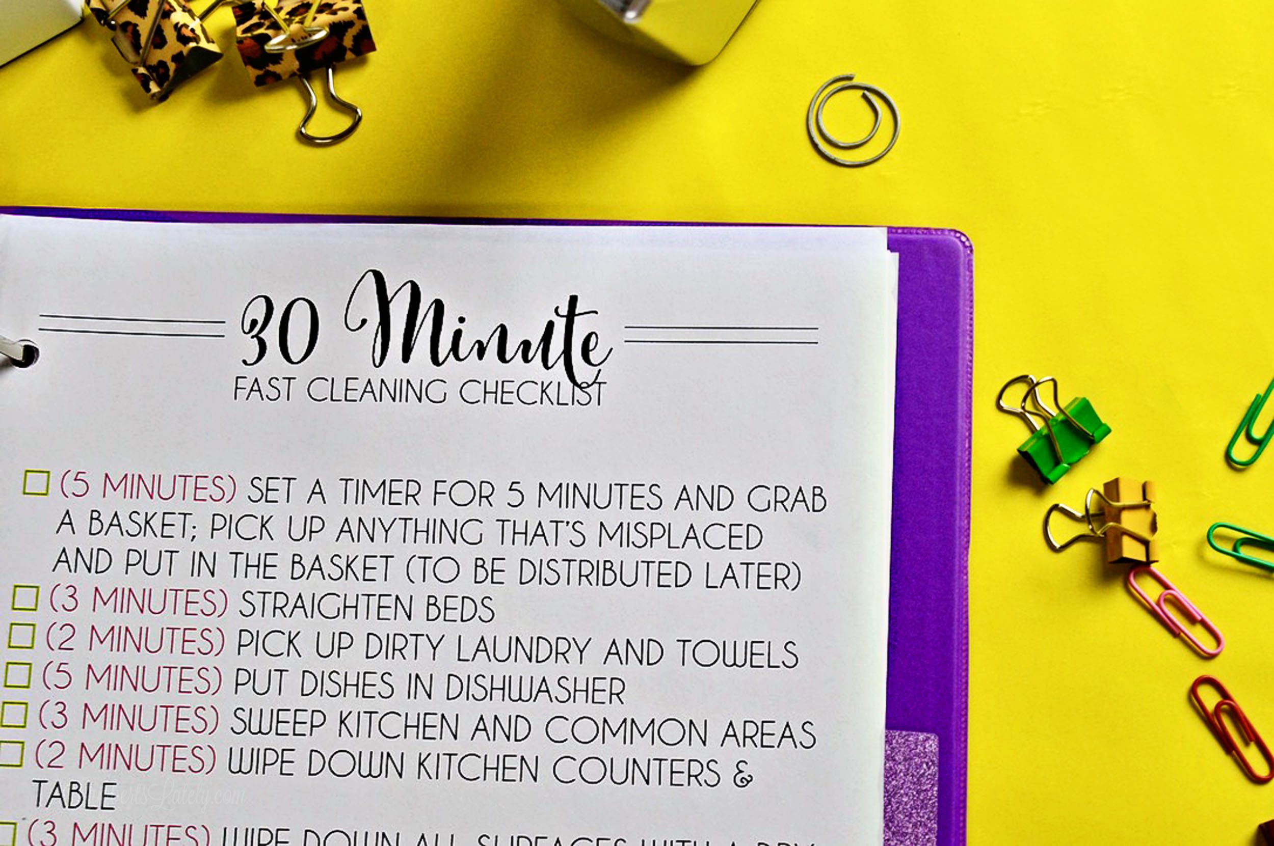 close up of a 30 minute cleaning checklist printable