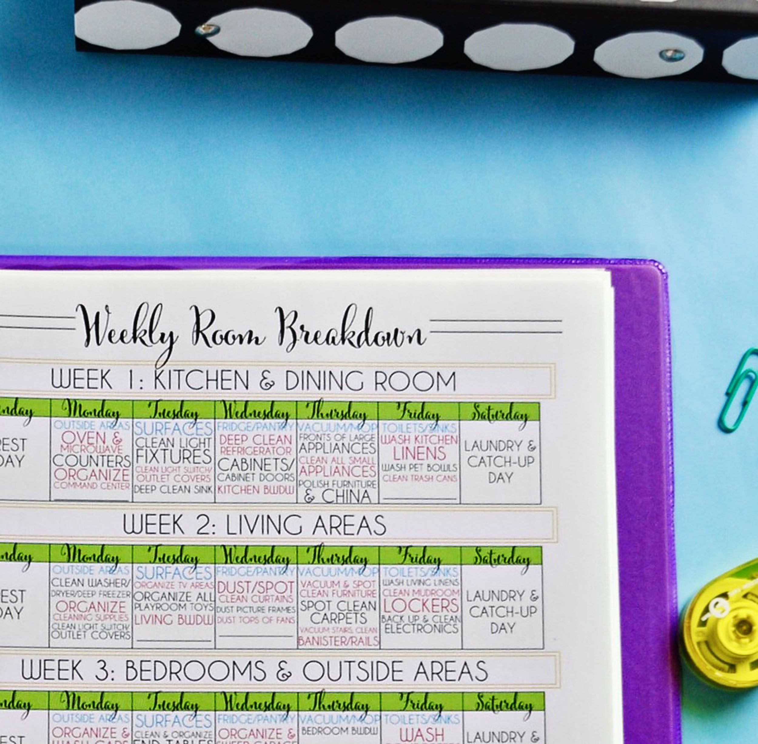 Weekly room cleaning breakdown