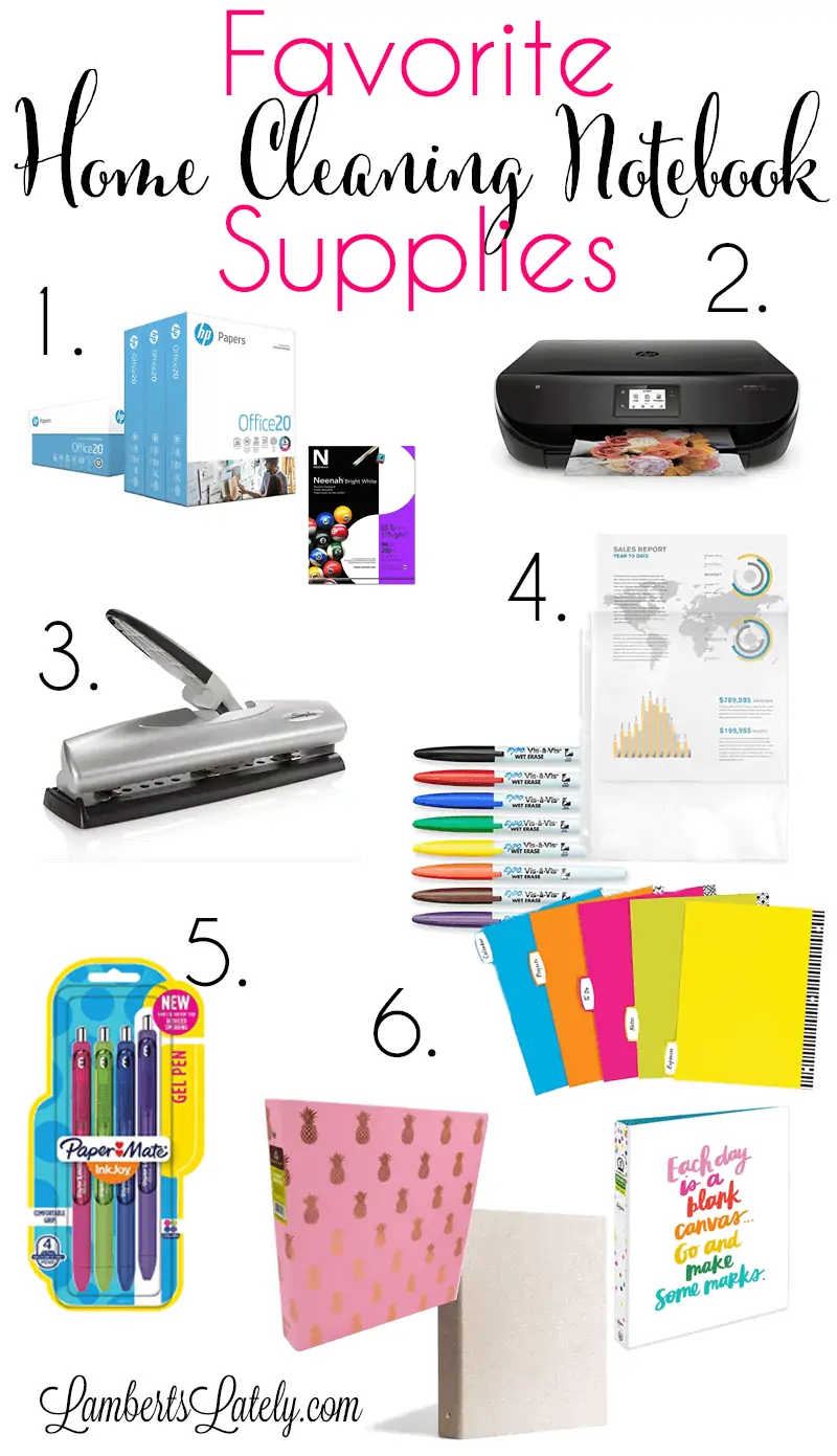 a collage of my favorite cleaning notebook supplies