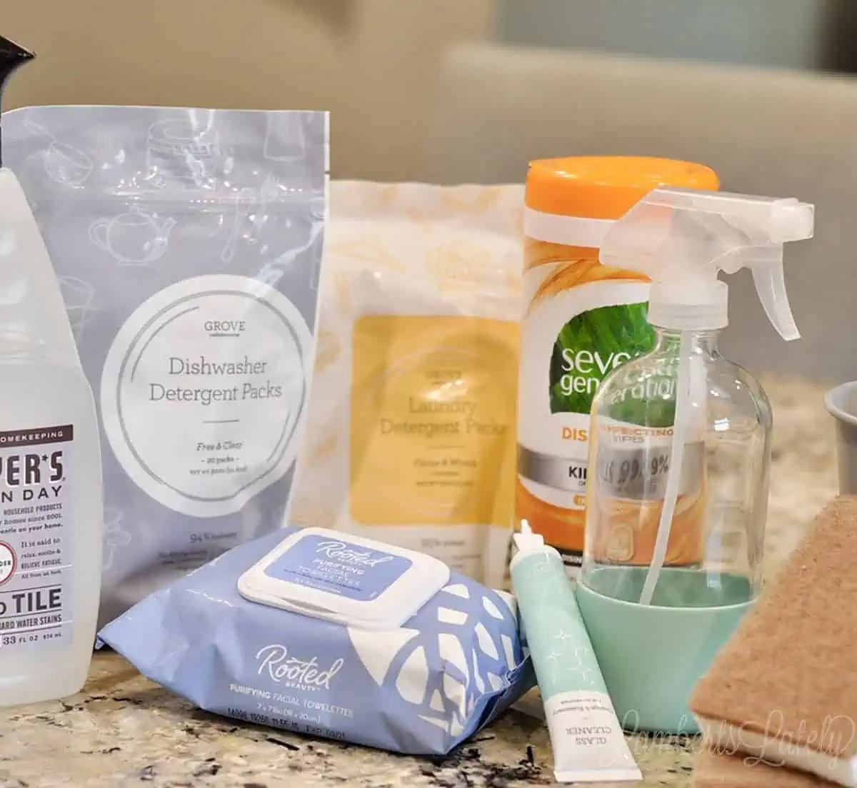 grove cleaning products on a kitchen counter.