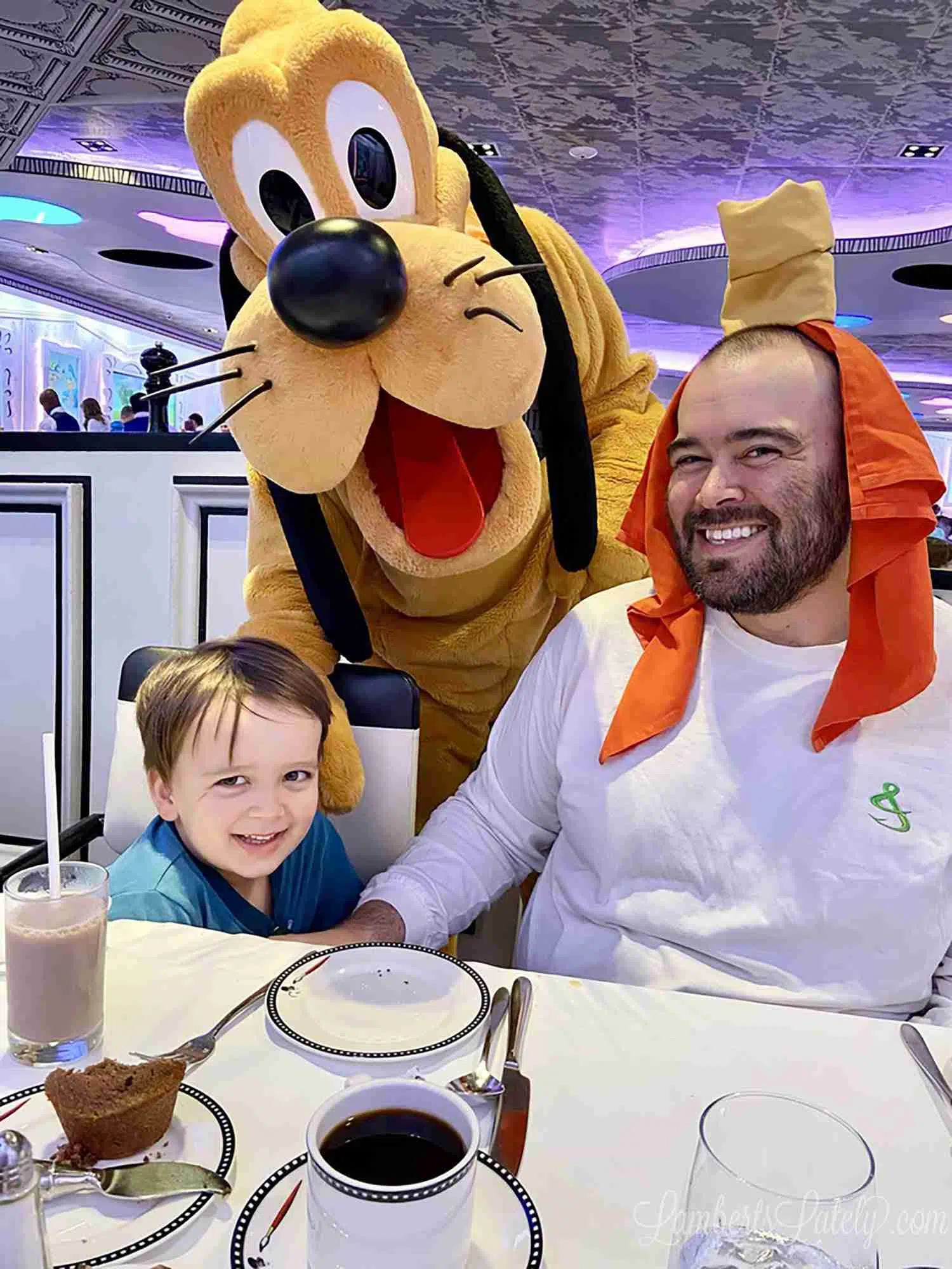 Goofy at Disney Cruise breakfast with family.