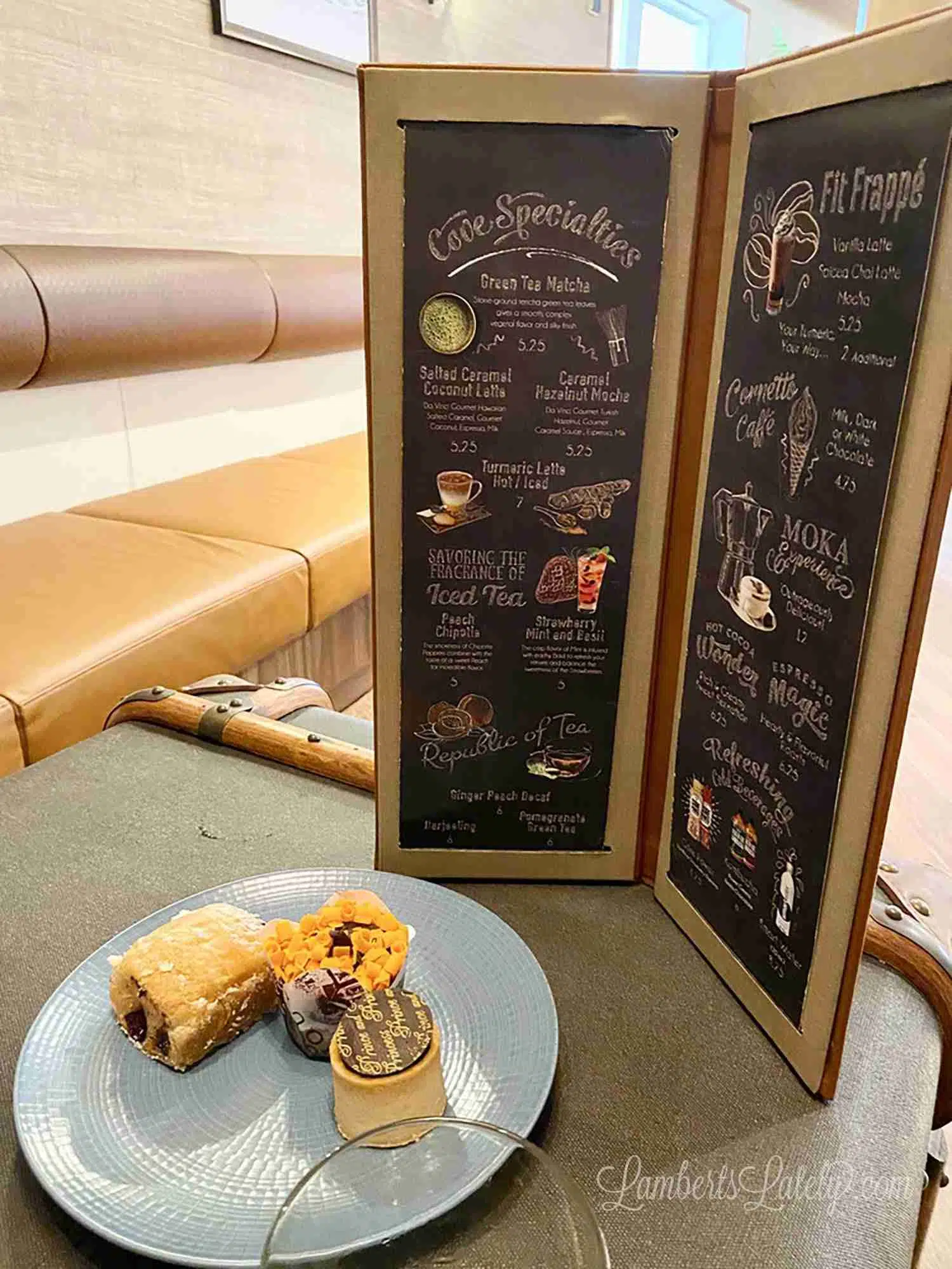pastries from coffee shop and Cove Cafe menu on disney wonder.