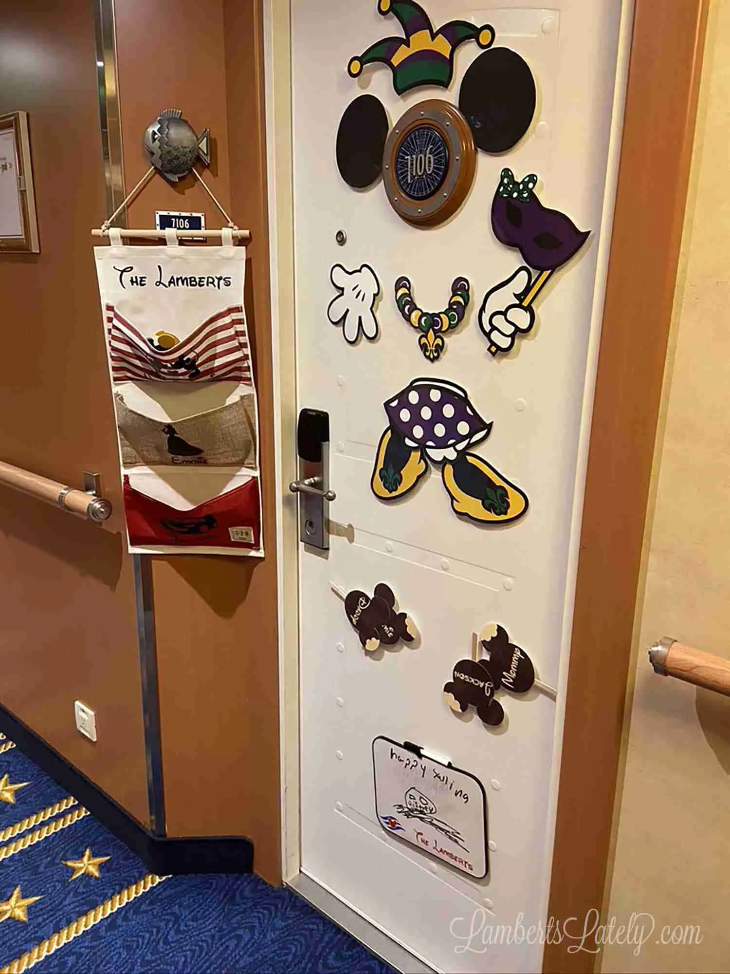 mardi gras minnie decorations on a disney cruise cabin door.
