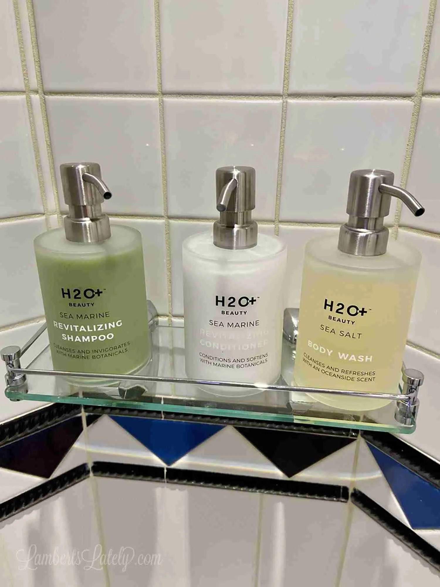 h20 shower gel and shampoo in disney cruise bathroom.
